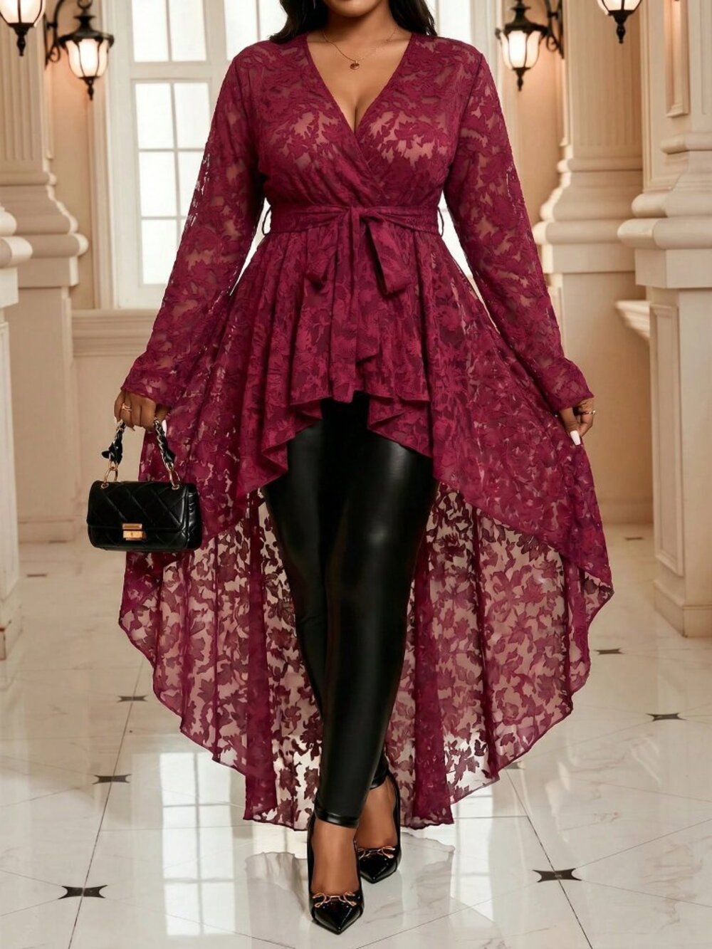 Red Elegant Women's Plus Size Floral Belted Asymmetrical Hem Blouse Peplum Top